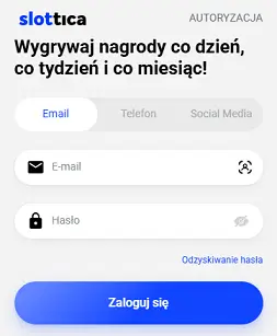 Menu logowania Slottica Casino