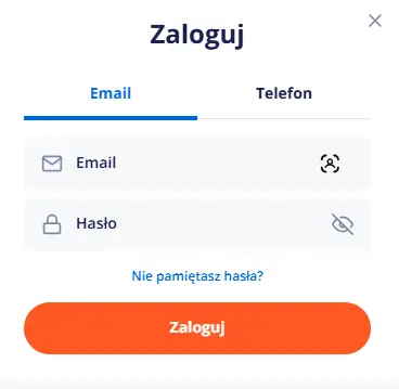 Menu logowania Vulkan Vegas