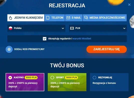 Menu rejestracji MostBet